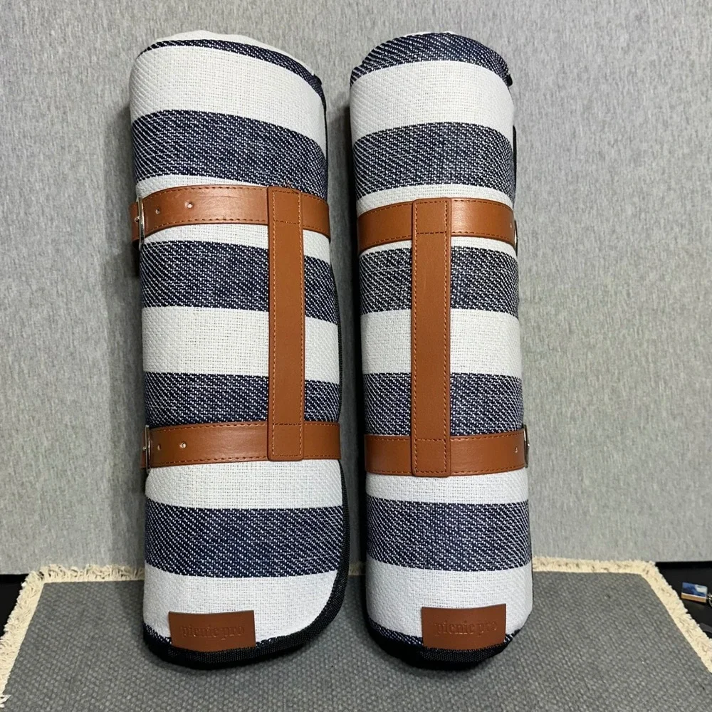 Picnic Pro Outdoor Blanket Set Blue White Stripe Waterproof PEVA Base 2 Pack